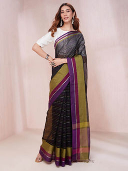 Fabindia - Black Viscose Blend Woven Saree