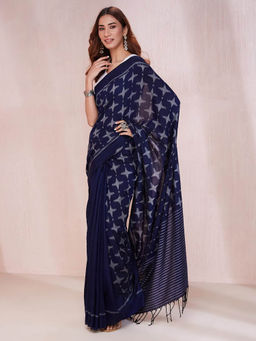 Fabindia - Navy Cotton Ikat Woven Sari