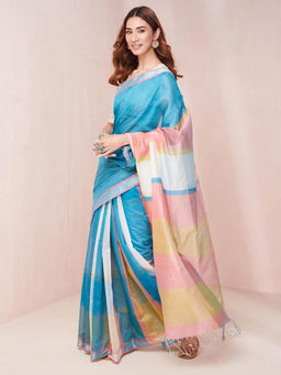 Fabindia - Blue Viscose Silk Woven Saree