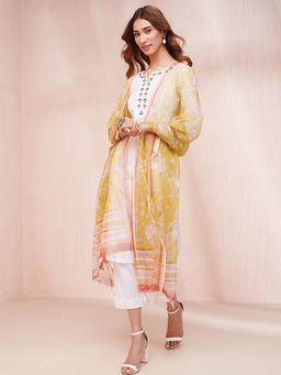 Fabindia - Yellow Cotton Silk Hand Block Printed Dupatta