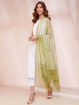 Fabindia - Green Cotton Silk Hand Block Printed Dupatta
