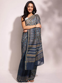 Fabindia - Indigo Cotton Silk Blend Dabu Printed Sari