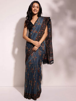 Fabindia - Indigo Cotton Silk Blend Dabu Printed Sari