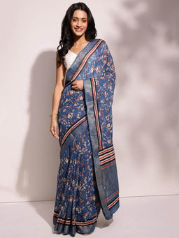Fabindia - Blue Cotton Blend Printed Saree