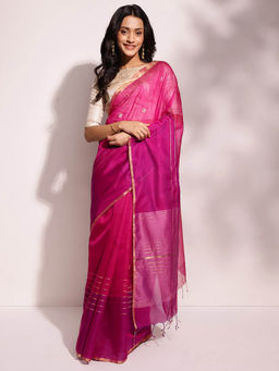 Fabindia - Pink Cotton Silk Blend Woven Saree