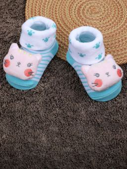 Baby Moo - Naughty Cat Cotton Anti-Skid 3D Socks - Blue (0-6 Months)