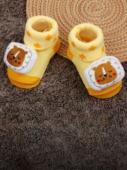 Baby Moo - Sleeping Bear Cotton Anti-Skid 3D Socks - Yellow (0-6 Months)