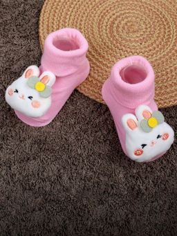 Baby Moo - Hello Bunny Cotton Anti-Skid 3D Socks - Pink (0-6 Months)