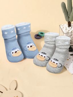 Baby Moo - Little Monkey Cotton Anti-Skid Socks - Multicolor (Pack of 2) (0-6 Months)
