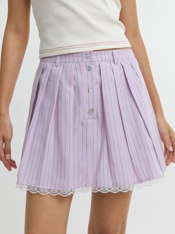 Pomelo - Striped Button Front Lace Hem Mini Skirt - Pink