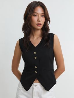 Pomelo - Tailored Button Front Vest - Black