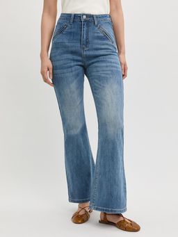 Pomelo - Mid Rise Flare Jeans with Zip Pockets - Blue