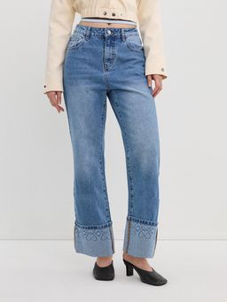 Pomelo - Cuffed Embroidered Wide Leg Jeans - Blue