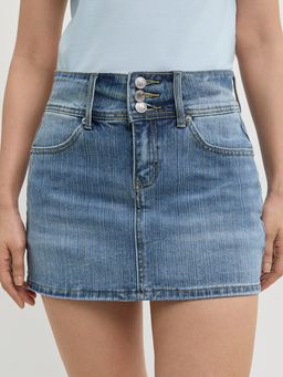 Pomelo - Button Front Denim Mini Skirt - Blue