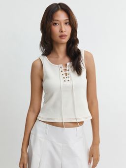 Pomelo - Lace Up Ribbed Tank Top - Nude