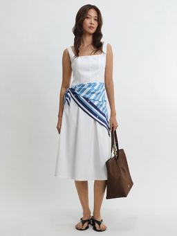 Pomelo - Scarf Detail Square Neck Midi Dress - White