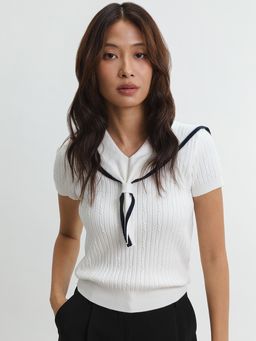 Pomelo - Sailor Collar Knitted Top - Nude