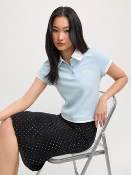 Pomelo - Contrast Collar Polo Crop Top - Blue