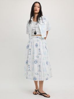 Pomelo - Nautical Sketch Cropped Shirt - White