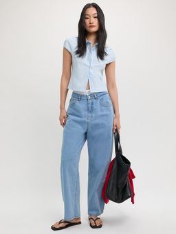 Pomelo - Sleeve Collared Blouse - Blue