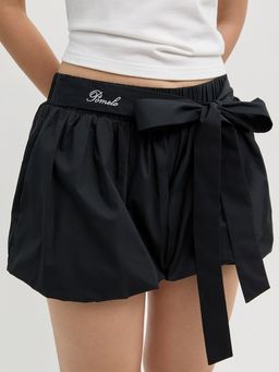 Pomelo - Striped Tie Waist Bubble Shorts - Black