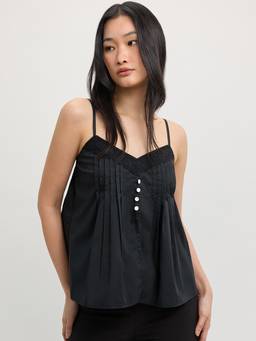 Pomelo - Lace Trim Button Front Cami Top - Black
