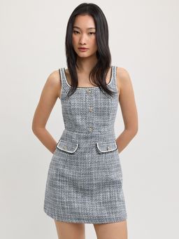 Pomelo - Tweed Button Front Mini Dress with Pocket Detail - Blue