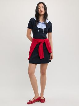 Pomelo - Peter Pan Collar Knit Mini Dress - Blue