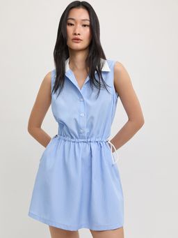 Pomelo - Striped Collared Drawstring Mini Dress - Blue