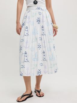 Pomelo - Nautical Sketch Pleated Midi Skirt - White