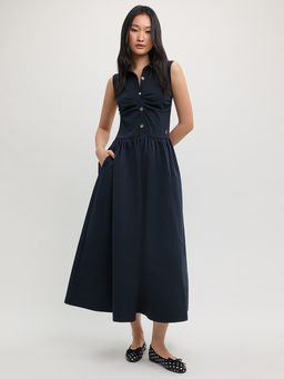 Pomelo - Collared Sleeveless Dress - Blue