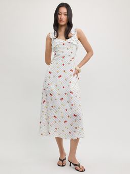 Pomelo - Ruffle Trim Polka Dot Midi Dress - White