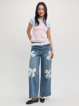 Pomelo - Lace Bow Wide Leg Jeans - Blue
