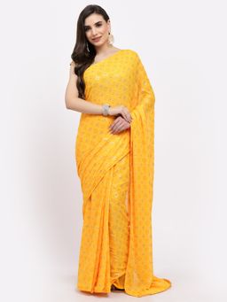 KISHORI - Women Bandhani With Zari Weaving Georgette Saree & Blouse Yellow with Unstitched