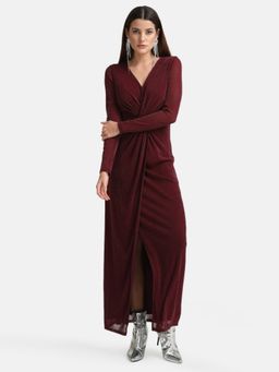 Kazo - Maroon Front Knot Maxi Dress With Slit