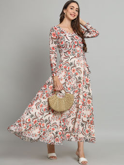 BLACK SCISSOR - Off White Floral Printed Gown Ethnic Dress