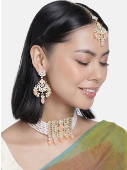 Accessher - Gold Toned Kundan & Peach Enamel Jewellery Set Embellished with Pearls-Bead