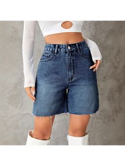 Outzidr - Navy Blue Denim Frayed Hem Shorts