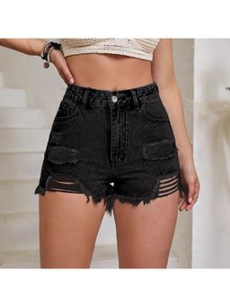 Outzidr - Black Distressed Washed Denim Shorts