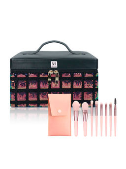 NFI Essentials - Black Cosmetic Box & Makeup Brush with Pouch (Set of 9)