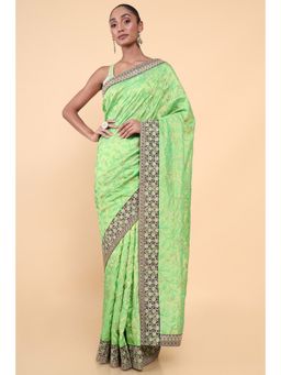 Soch - Women Green Silk Embroidered Saree with Unstitched Blouse