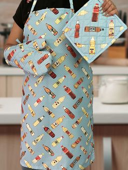 Maatir - Funky Oil Bottles Apron With Oven Mitt And Potholder