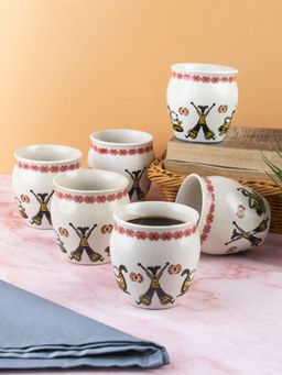 Voncasa - Kulhads, Hand Painted, Handmade, Off White, Ceramic, Set Of 6, 130 Ml