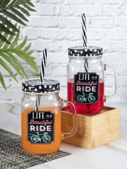 Voncasa - Mason Mug With Straw Set Of 2 (Each 450 Ml)