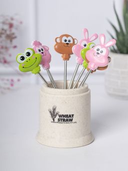 Voncasa - Colorful Plastic Fruit Forks With Adorable Animal Faces - Pack Of 7