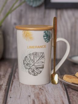 Voncasa - Limerance Coffee Mug With Wooden Lid And Spoon - White, 450Ml