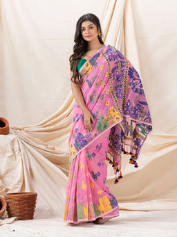 Angoshobha - Traditional Pink Horse Soft Dhakai Jamdani Saree with Unstitched Blouse