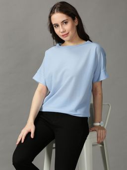 SHOWOFFFF - Womens Short Sleeves Round Neck Blue Solid Top