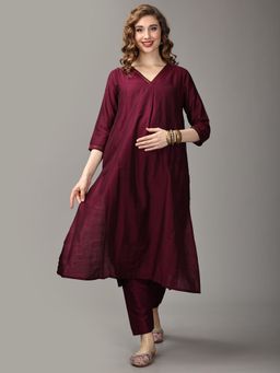 The Mom Store - Marilyn Merlot Embroidered Maternity & Nursing Silk Kurta with Pant (Set of 2)