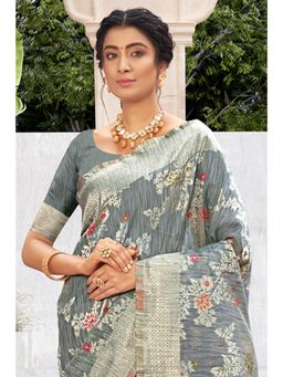 Sangam Prints - Grey Cotton Silk Woven Zari Work Traditional Saree with Unstitched Blouse